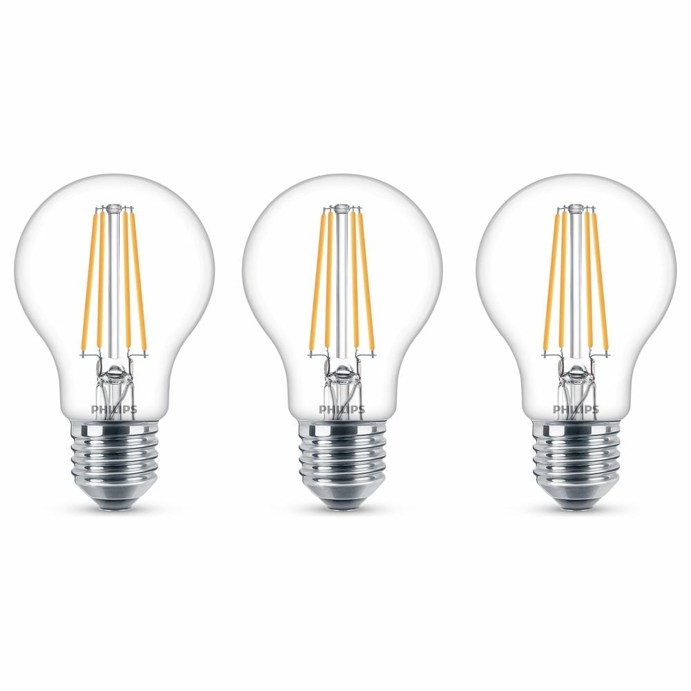 Philips LED Lampe ersetzt 60W, E27 Standardform A60, klar, warmwei, 806 Lumen, nicht dimmbar, 3er Pack